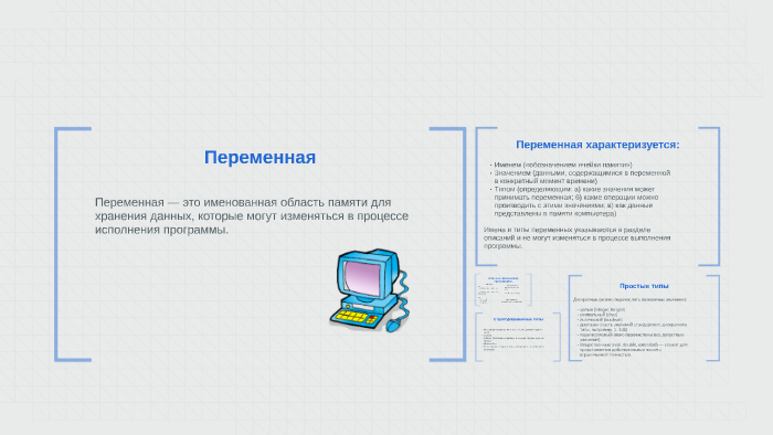 Переменная это область оперативной памяти компьютера которая может во время работы программы